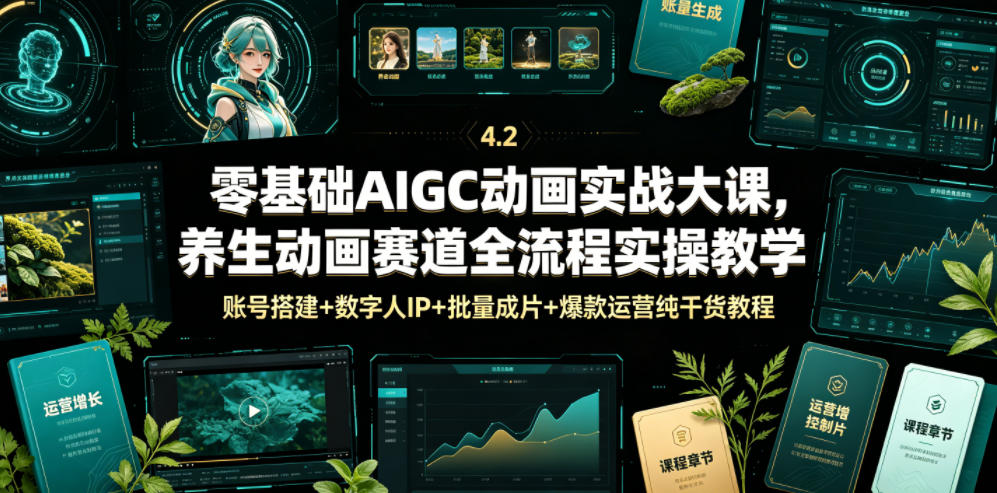 零基础AIGC动画实战大课，养生动画赛道全流程实操教学，账号搭建+数字人IP+批量成片+爆款运营纯干货教程|无忧资源社