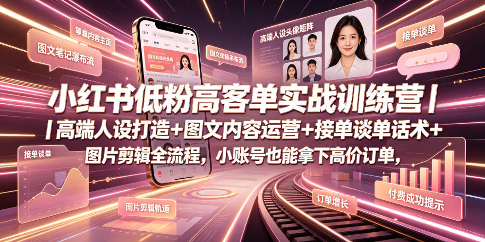 小红书低粉高客单实战训练营｜高端人设打造+图文内容运营+接单谈单话术+图片剪辑全流程，小账号也能拿下高价订单|无忧资源社
