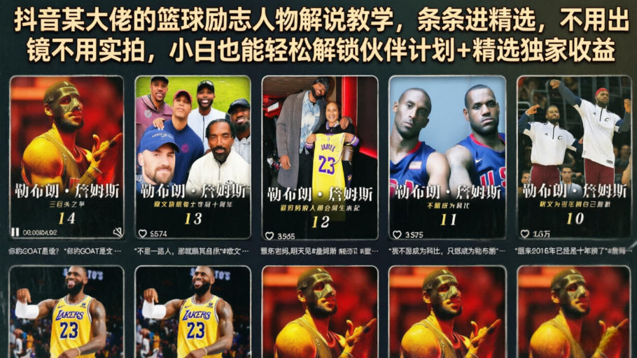 抖音某大佬的篮球励志人物解说教学，条条进精选，不用出镜不用实拍，小白也能轻松解锁伙伴计划+精选独家收益|无忧资源社