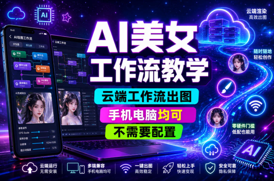 AI美女工作流教学，云端工作流出图，手机电脑均可，不需要配置，快速起号涨粉|无忧资源社