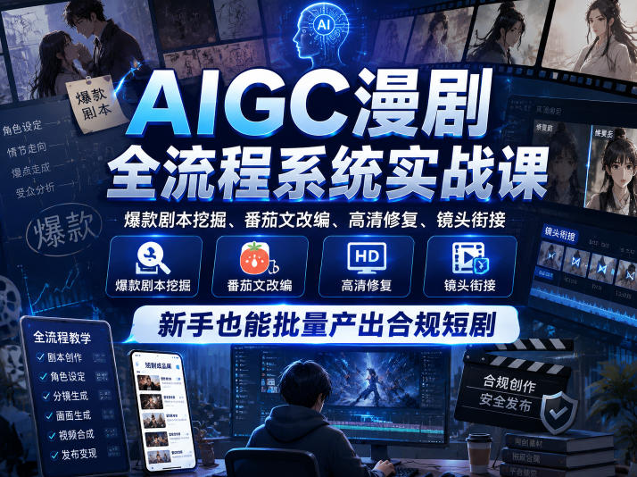 AIGC漫剧全流程系统实战课，爆款剧本挖掘、番茄文改编、高清修复、镜头衔接，新手也能批量产出合规短剧|无忧资源社