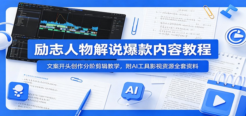 励志人物解说爆款内容教程:文案开头创作分阶剪辑教学,附AI 工具影视资源全套资料|无忧资源社