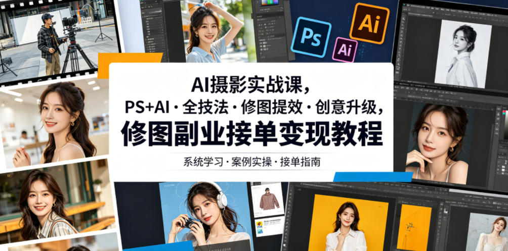 AI摄影实战课，PS+AI・全技法・修图提效・创意升级，修图副业接单变现教程|无忧资源社