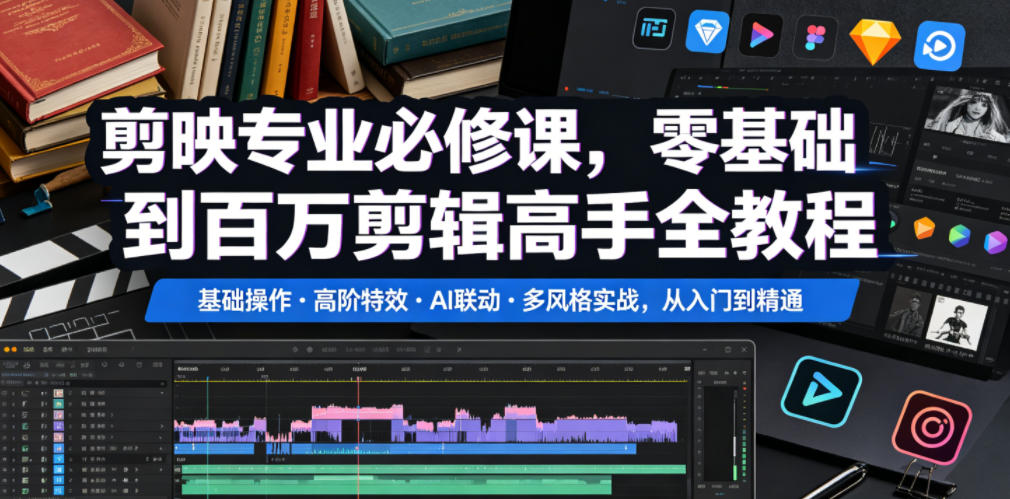 剪映专业必修课，零基础到百万剪辑高手全教程，基础操作・高阶特效・AI联动・多风格实战，从入门到精通|无忧资源社