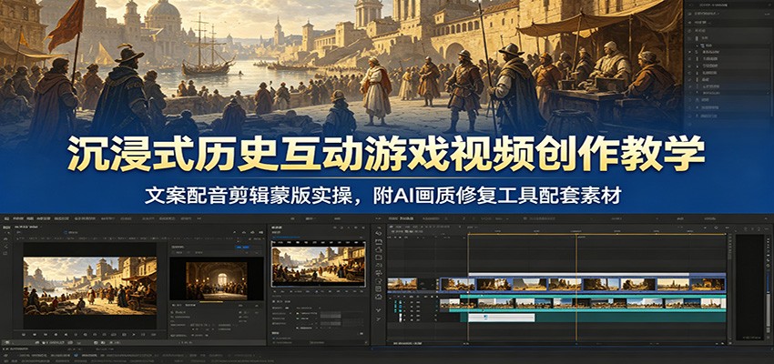 沉浸式历史互动游戏视频创作教学：文案配音剪辑蒙版实操，附AI画质修复工具配套素材|无忧资源社
