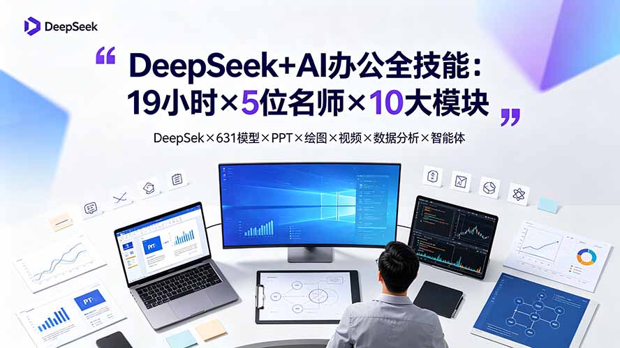 （19411期）DeepSeek+AI办公全技能：19小时×5位名师×10大模块，DeepSeek×631模型×PPT×绘图×视频×数据分析×智能体|无忧资源社