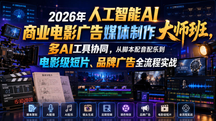 2026年人工智能AI商业电影广告媒体制作大师班，多AI工具协同，从脚本配音配乐到电影级短片、品牌广告全流程实战（中英字幕）|无忧资源社