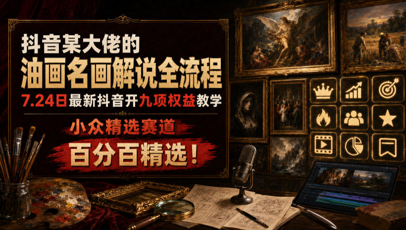 抖音某大佬的油画名画解说全流程，7.24日最新抖音开九项权益教学，小众精选赛道，百分百精选！|无忧资源社