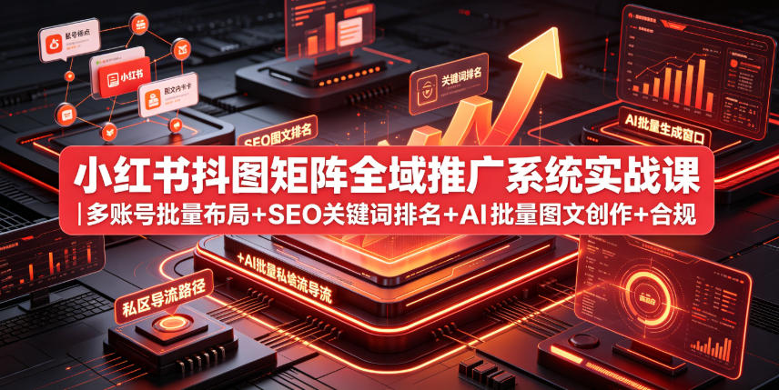 小红书抖图矩阵全域推广系统实战课｜多账号批量布局+SEO关键词排名+AI批量图文创作+合规私域导流完整落地教程|无忧资源社