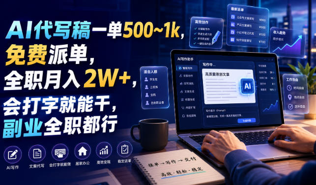 AI代写稿一单500~1k，免费派单，全职月入2W+，会打字就能干，副业全职都行【揭秘】|无忧资源社