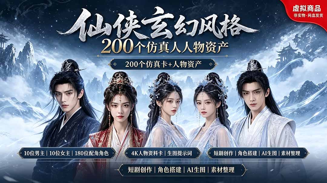 （19301期）200个仙侠玄幻仿真人素材◆10男主×10女主×180配角，4K资料卡+AI生图提示词，漫剧必备|无忧资源社