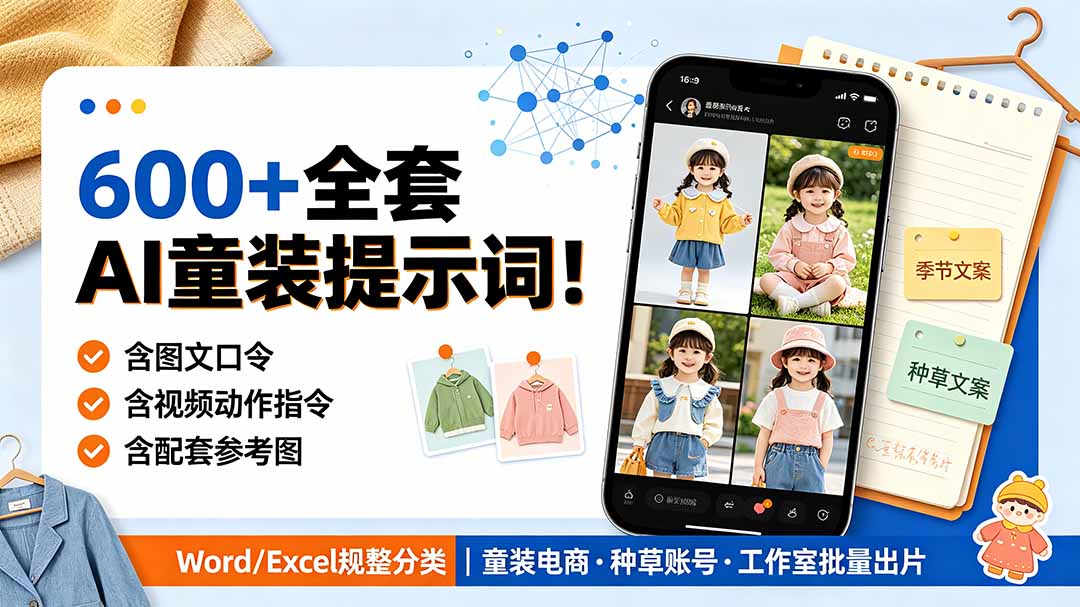 （19302期）600+全套AI童装提示词！含图文口令+视频动作指令+配套参考图，Word/Excel规整分类，童装电商、种草无脑量产内容|无忧资源社
