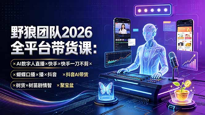 （19511期）野狼团队2026全平台带货课-7月：AI数字人直播×快手一刀不剪×蝴蝶口播×抖音AI带货×树苗剧情智剪×聚宝盆|无忧资源社