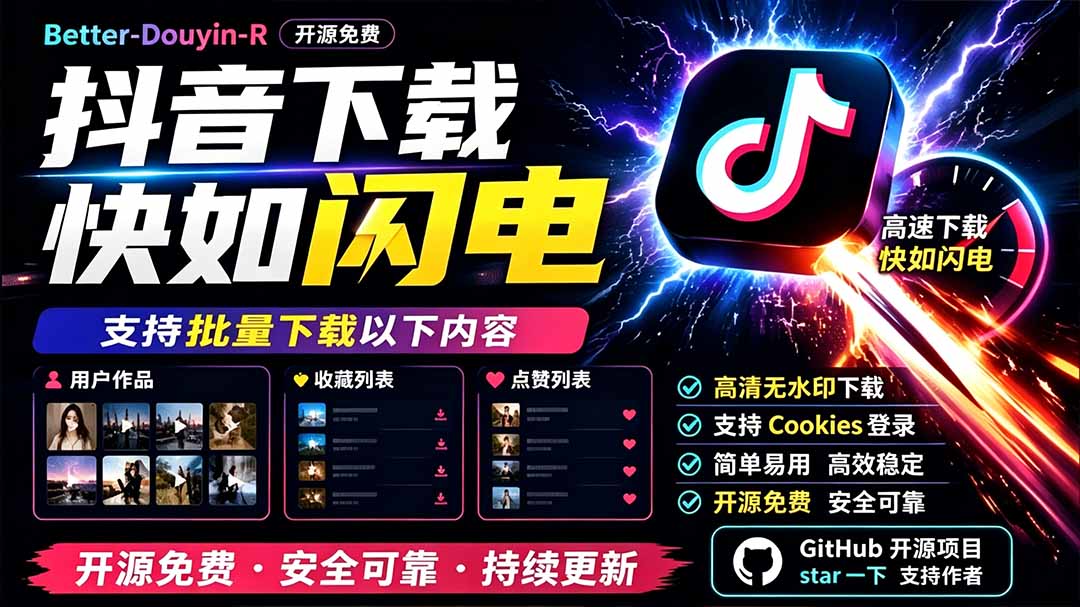 （19445期）别再乱找了！D音下载快如闪电，支持批量下载用户作品收藏列表和点赞列表，开源免费 Better-douyin-R|无忧资源社