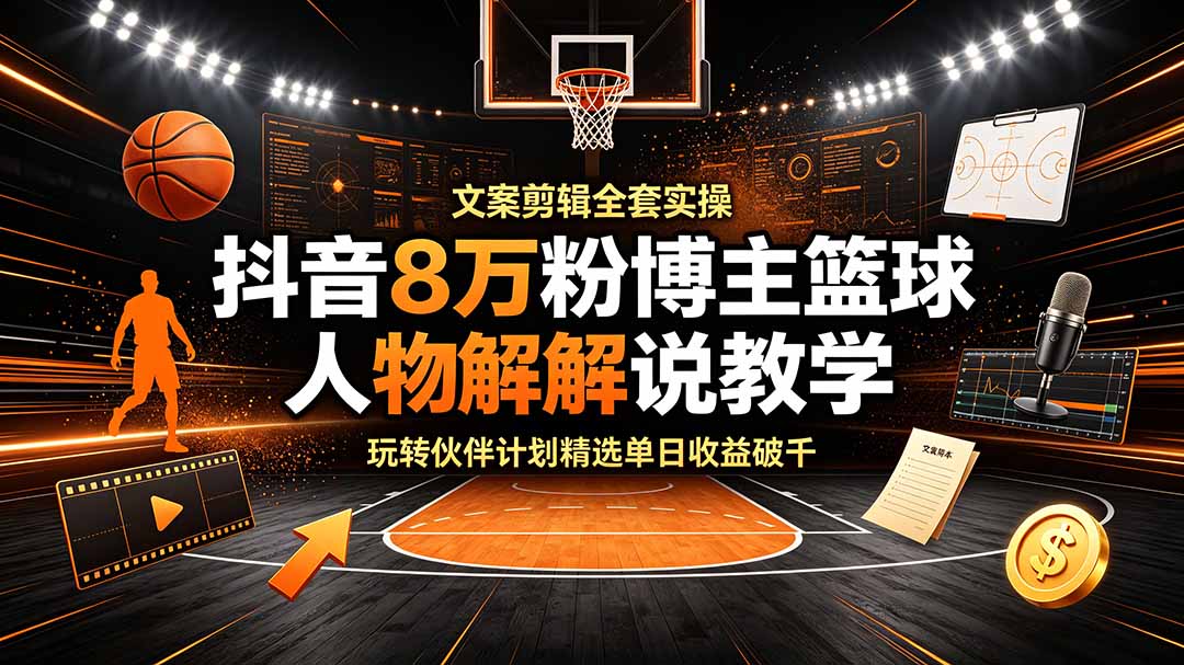 （19135期）抖音8万粉博主篮球人物解说教学，文案剪辑全套实操，玩转伙伴计划精选单日收益破千|无忧资源社