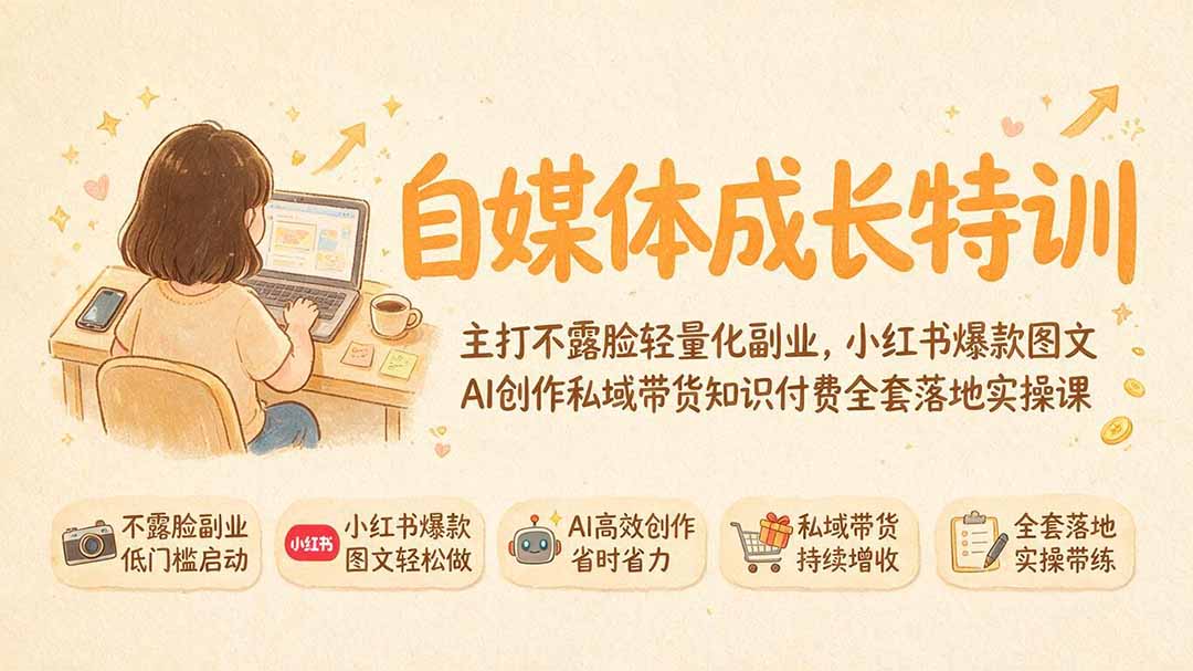 （19584期）自媒体成长特训｜主打不露脸轻量化副业，小红书爆款图文AI创作私域带货知识付费全套落地实操课|无忧资源社