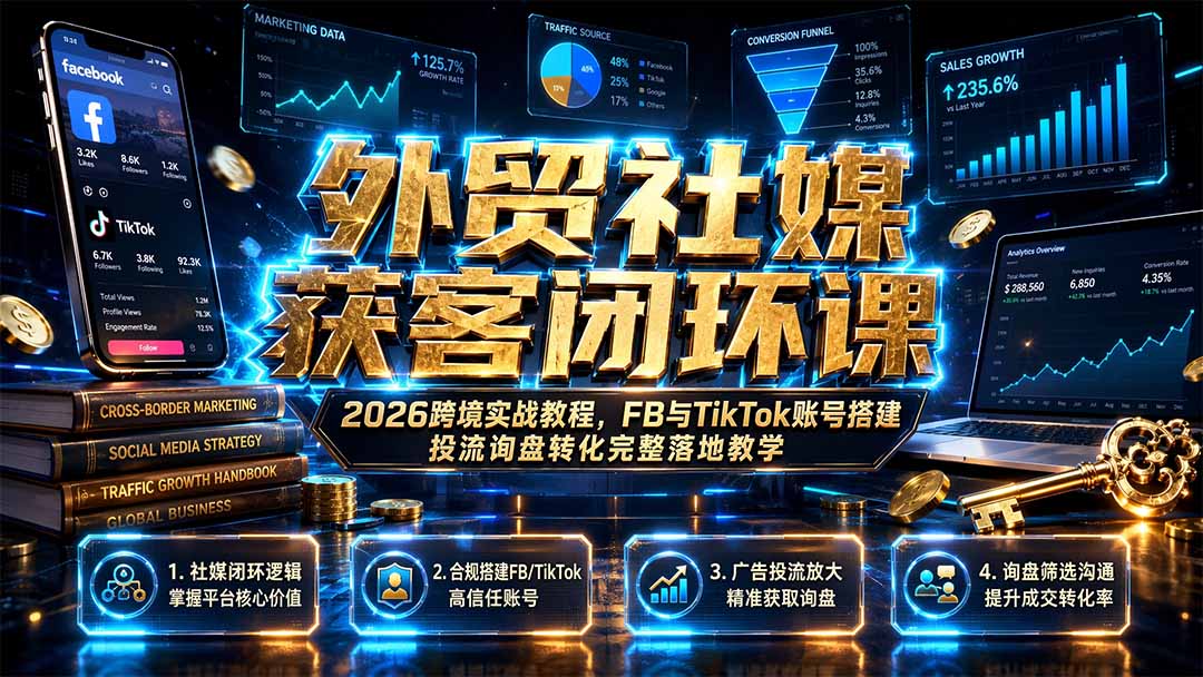 （19611期）外贸社媒获客闭环课｜2026跨境实战教程，FB与TikTok账号搭建投流询盘转化完整落地教学|无忧资源社