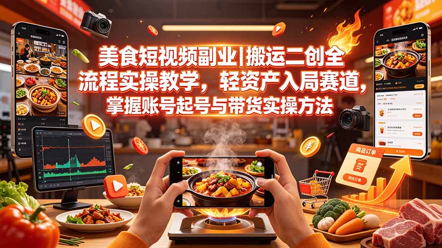 （19535期）美食短视频副业｜搬运二创全流程实操教学，轻资产入局赛道，掌握账号起号与带货实操方法|无忧资源社