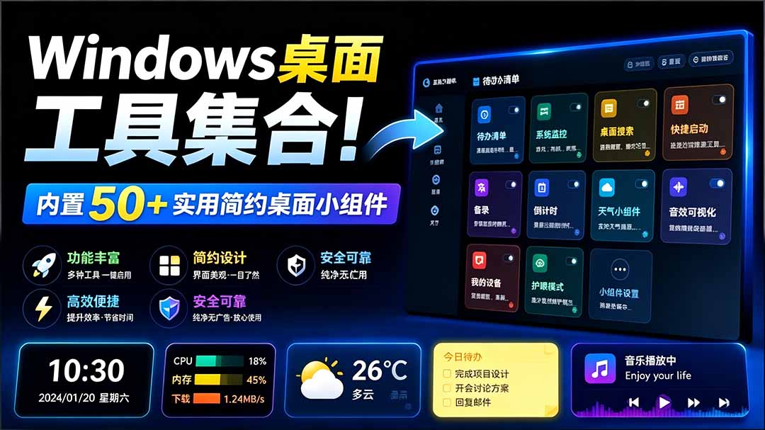 （19585期）Windows桌面工具集合！内置50+实用简约桌面小组件，含截图、录屏、翻译、天气等，多秘工具箱|无忧资源社