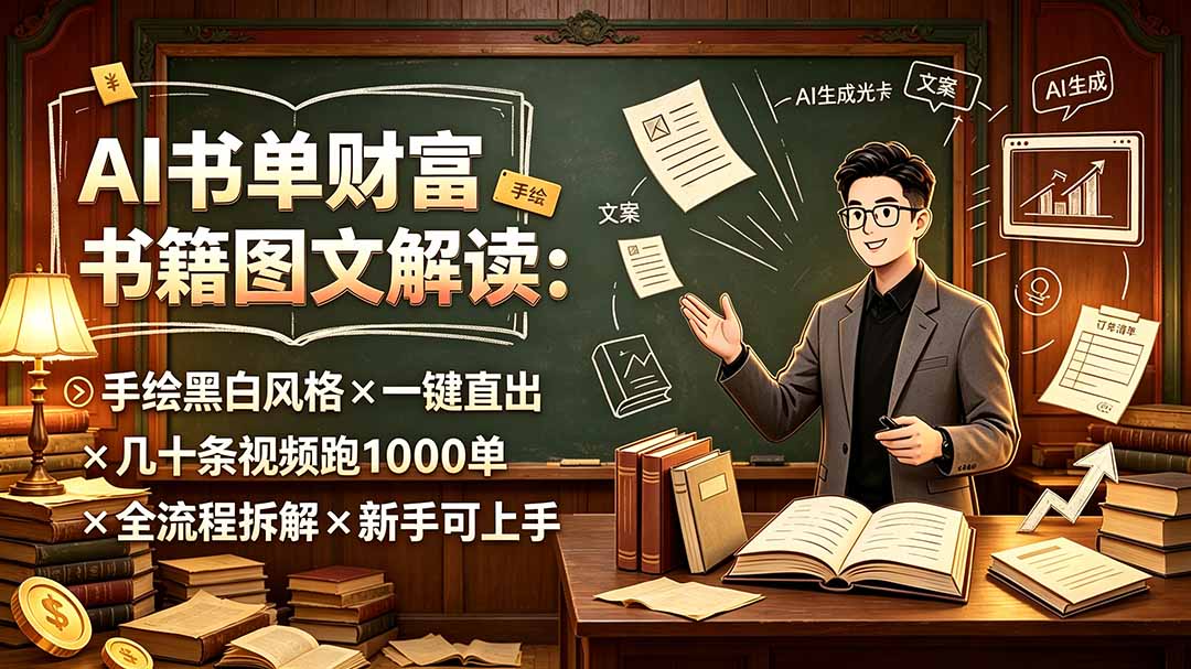（19515期）AI书单财富书籍图文解读：手绘黑白风格×一键直出×几十条视频跑1000单×全流程拆解×新手可上手|无忧资源社