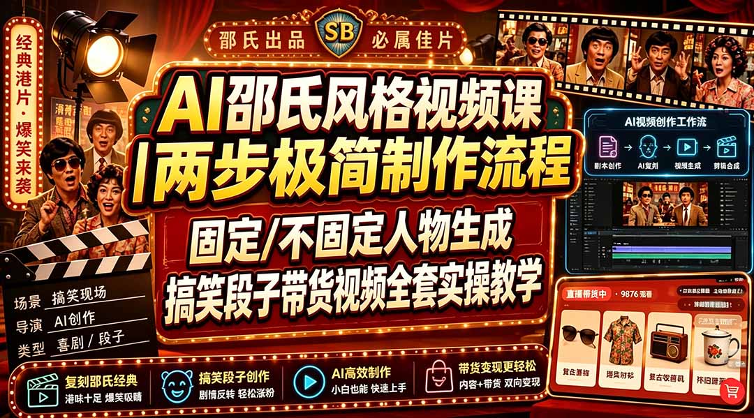 （19602期）AI邵氏风格视频课｜两步极简制作流程，固定/不固定人物生成，搞笑段子带货视频全套实操教学|无忧资源社