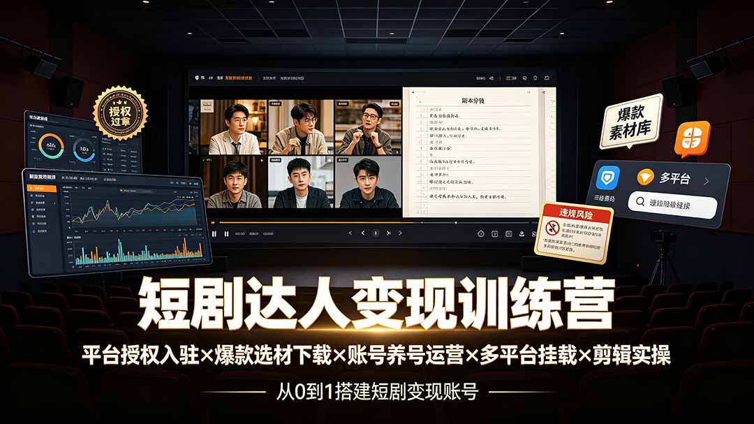 （19551期）短剧达人变现训练营：平台授权入驻×爆款选材下载×账号养号运营×多平台挂载×剪辑实操×违规处理全流程|无忧资源社