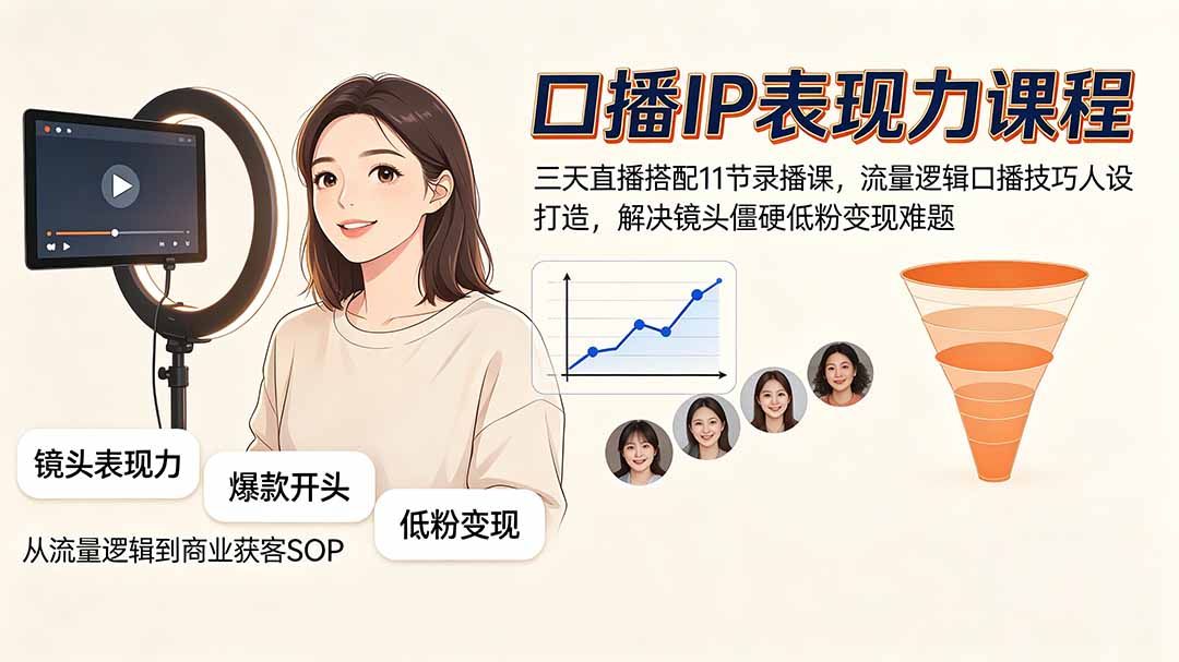 （19604期）口播IP表现力课程｜三天直播搭配11节录播课，流量逻辑口播技巧人设打造，解决镜头僵硬低粉变现难题|无忧资源社
