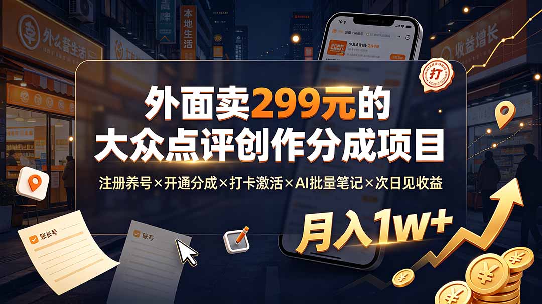 （19488期）外面卖299元的大众点评创作分成项目：注册养号×开通分成×打卡激活×AI批量笔记×次日见收益，月入1w+|无忧资源社