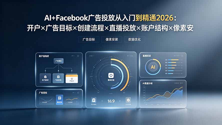 (19465期)AI+Facebook广告投放从入门到精通2026:开户×广告目标×创建流程×直播投放×账户结构×像素安装×AI赋能|无忧资源社