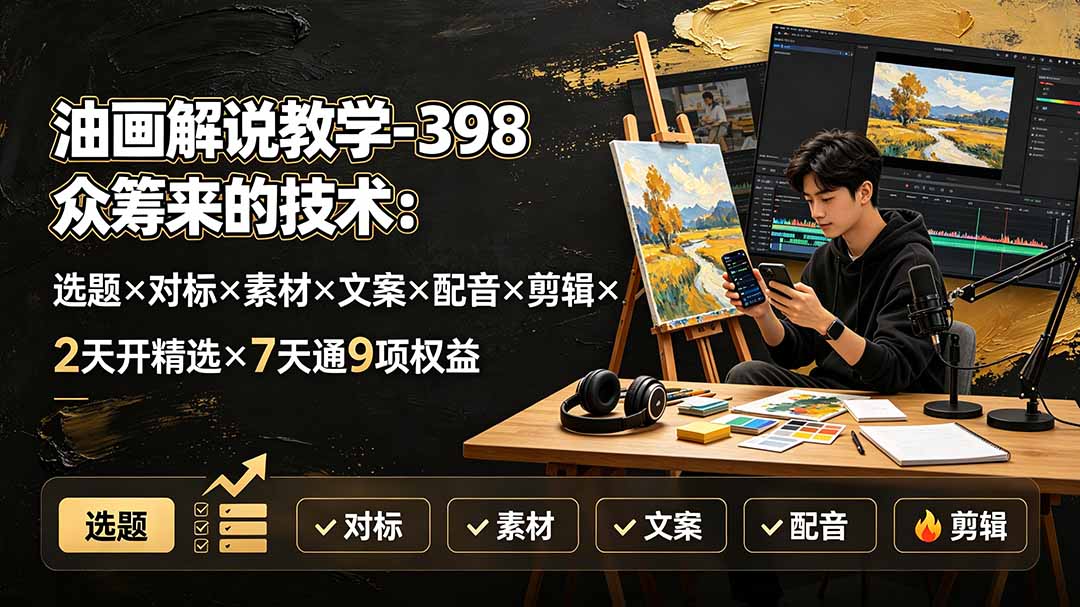（19587期）油画解说教学-398众筹来的技术-刯新：选题×对标×素材×文案×配音×剪辑×2天开精选×7天通9项权益|无忧资源社
