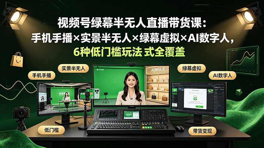 （19271期）视频号绿幕半无人直播带货课：手机手播×实景半无人×绿幕虚拟×AI数字人，6种低门槛玩法全覆盖|无忧资源社