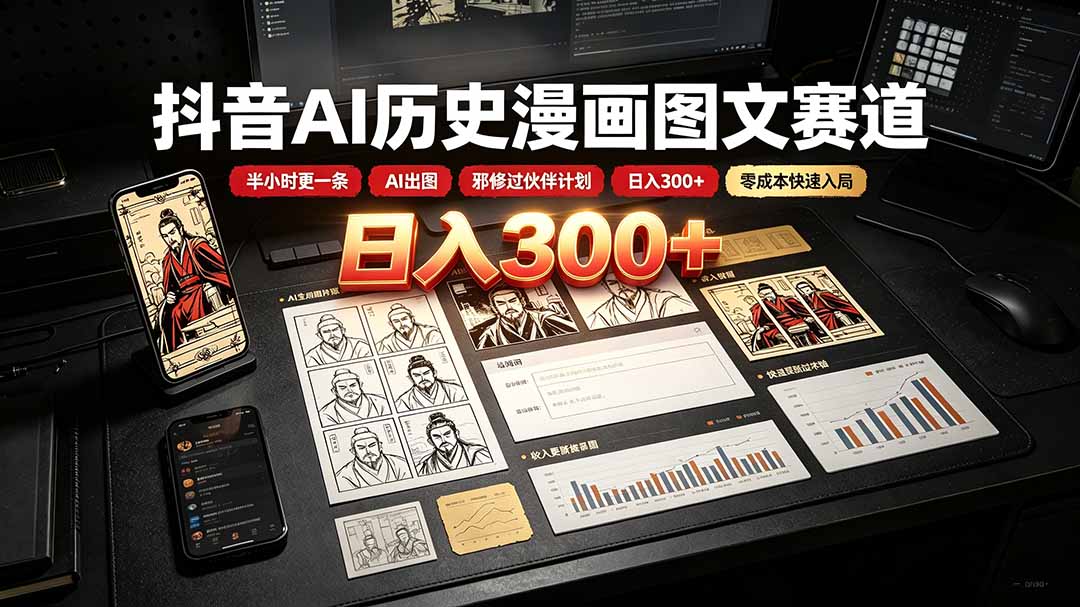 （19498期）抖音AI历史漫画图文赛道：半小时更一条×AI出图×邪修过伙伴计划×日入300+，零成本快速入局|无忧资源社