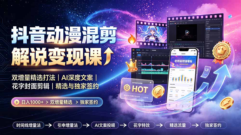 （19311期）抖音动漫混剪解说变现课：双增量精选打法｜AI深度文案｜花字封面剪辑｜ 精选与独家签约日入1000+|无忧资源社