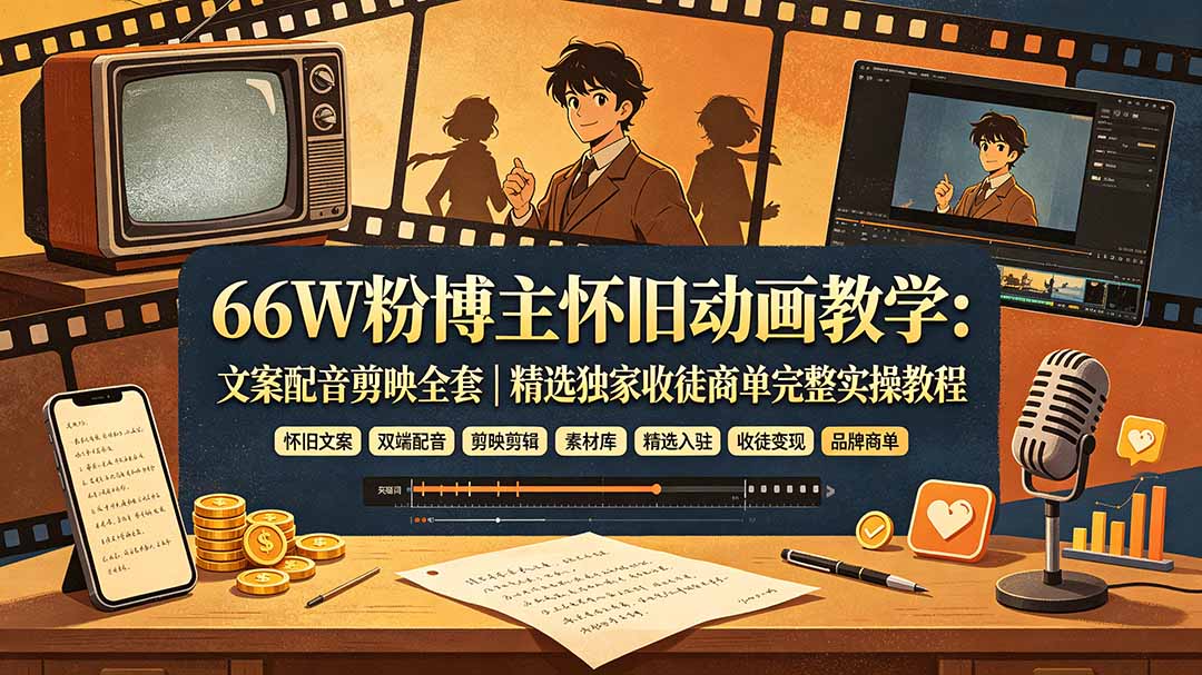 （19499期）66W粉博主怀旧动画教学：文案配音剪映全套｜精选独家收徒商单完整实操教程|无忧资源社