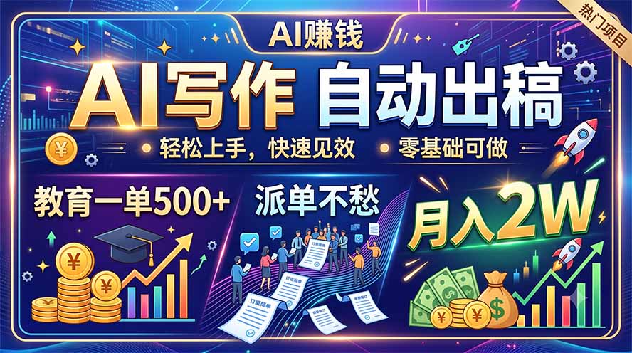 （19614期）AI写作自动出稿，教育一单500+，派单不愁，月入2W|无忧资源社