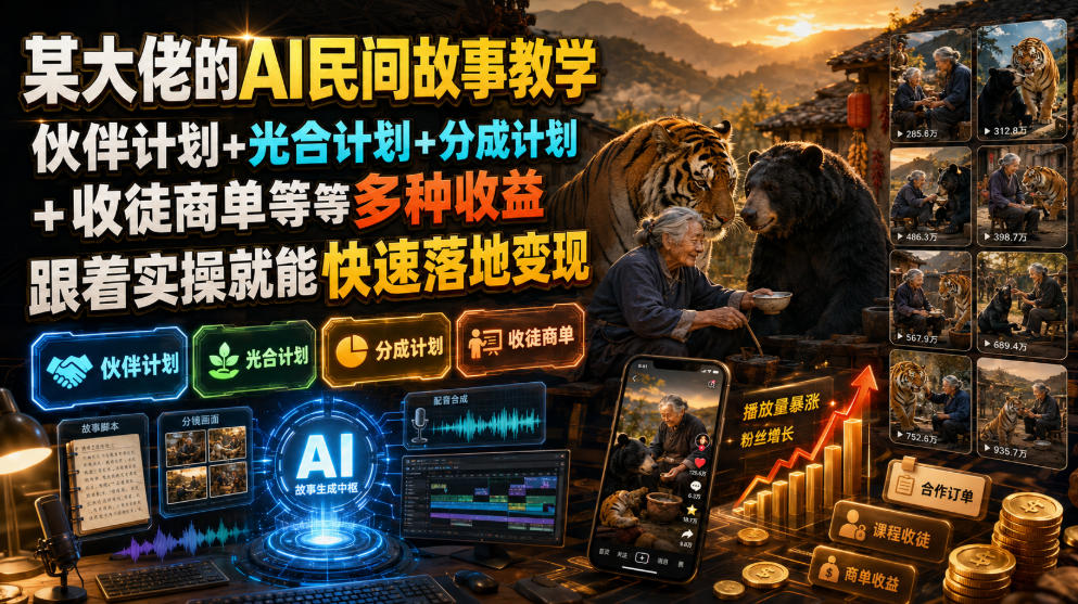 （19360期）某大佬的AI民间故事教学，伙伴计划+光合计划+分成计划+收徒商单等多种收益，跟着实操就能快速落地变现|无忧资源社