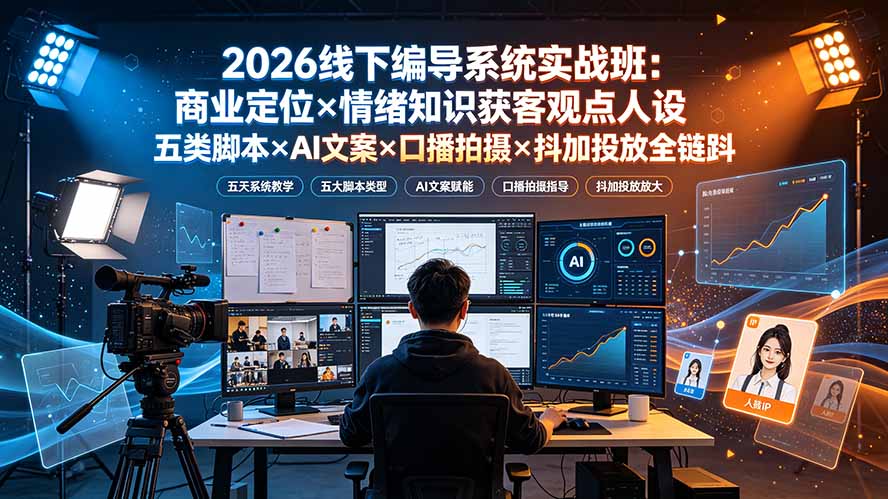 （19501期）2026线下编导系统实战班：商业定位×情绪知识获客观点人设五类脚本×AI文案×口播拍摄×抖加投放全链路|无忧资源社