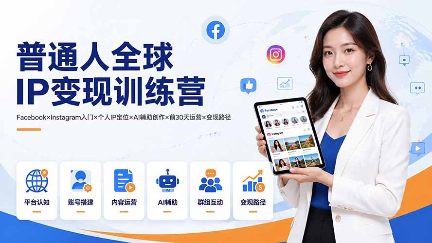 （19568期）普通人全球IP变现训练营：Facebook×Instagram入门×个人IP定位×AI辅助创作×前30天运营×变现路径|无忧资源社