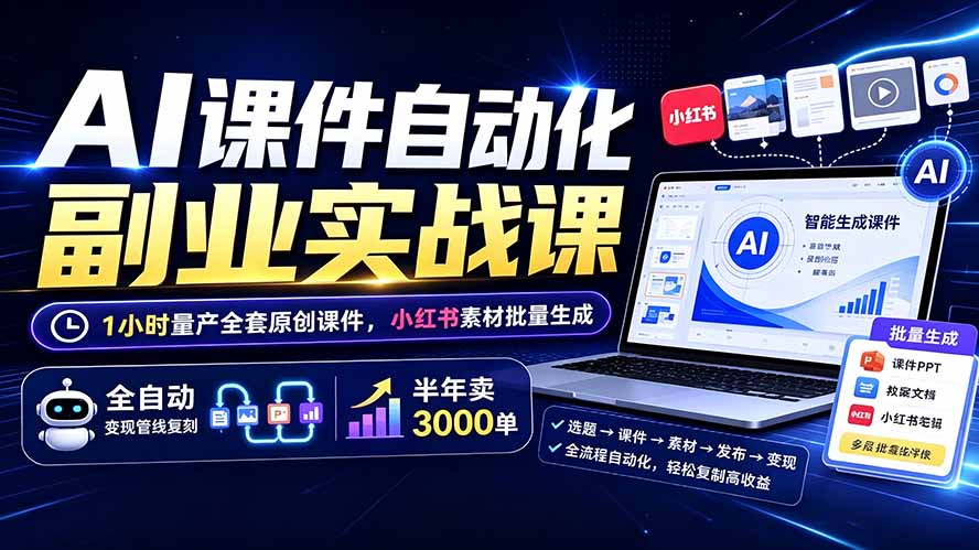 （19518期）AI课件自动化副业实战课：1小时量产全套原创课件×小红书素材批量生成×全自动变现管线×半年卖3000单|无忧资源社