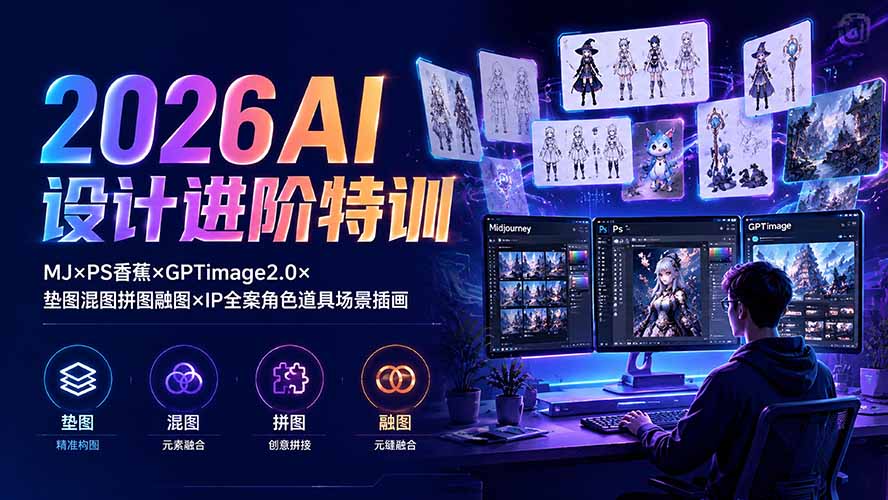 （19569期）2026AI设计进阶特训：MJ×PS香蕉×GPTimage2.0×垫图混图拼图融图×IP全案角色道具场景插画|无忧资源社