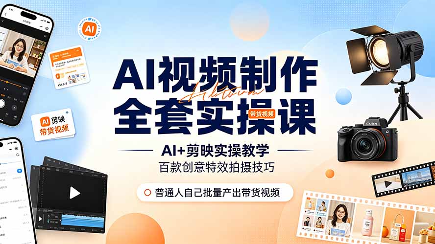 （19200期）AI视频制作全套实操课，多款AI工具搭配剪映教学，百种特效运镜拍摄实操，抖音账号带货运营全覆盖|无忧资源社