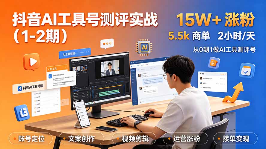 （19380期）抖音AI工具号测评实战（1-2期）：单号涨粉15W+×商单5.5k×伙伴计划×普通人可复制，每天2小时长期可持续|无忧资源社