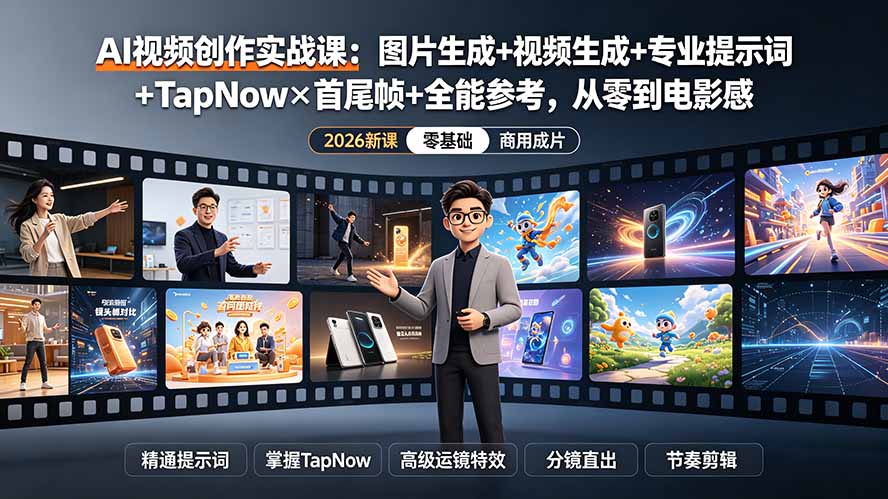 （19383期）AI视频创作实战课：图片生成+视频生成+专业提示词+TapNow×首尾帧+全能参考，从零到电影感成片|无忧资源社