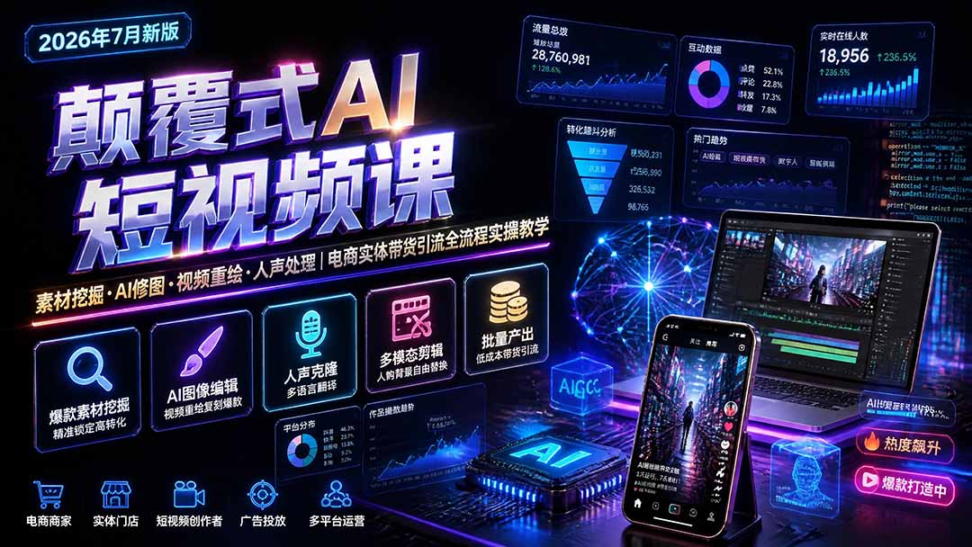 （19630期）颠覆式AI短视频课｜素材挖掘，AI修图，视频重绘，人声处理｜电商实体带货引流全流程实操教学|无忧资源社