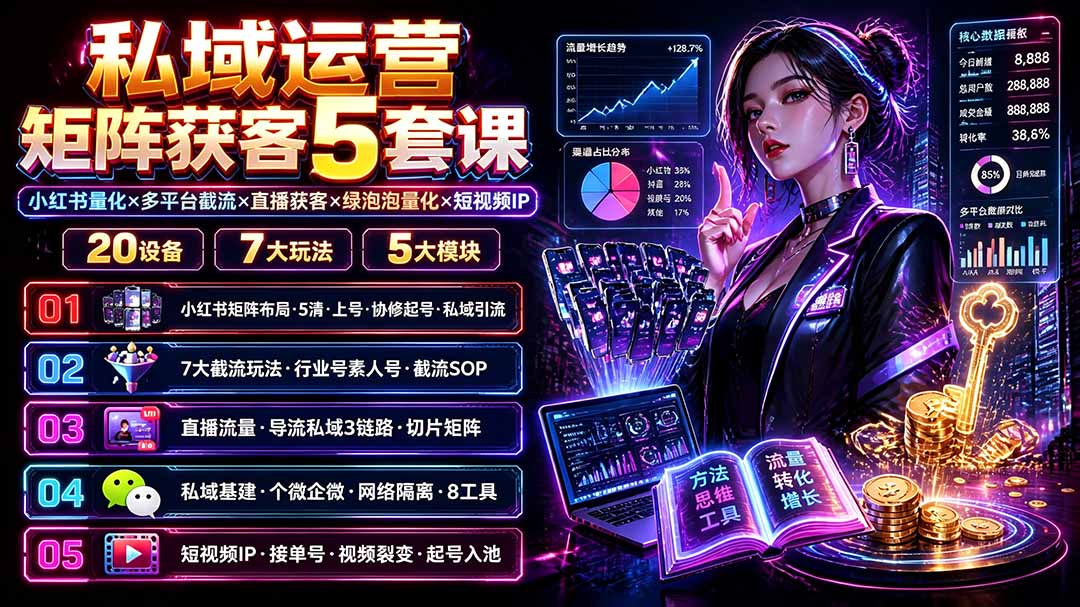 (19617期)私域运营矩阵获客5套课:小红书量化×多平台截流×直播获客×绿泡泡量化×短视频IP×20设备×7大玩法|无忧资源社