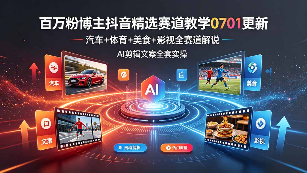 （19144期）百万粉博主抖音精选赛道教学-0701更新，汽车+体育+美食+影视全赛道解说，AI剪辑文案全套实操|无忧资源社