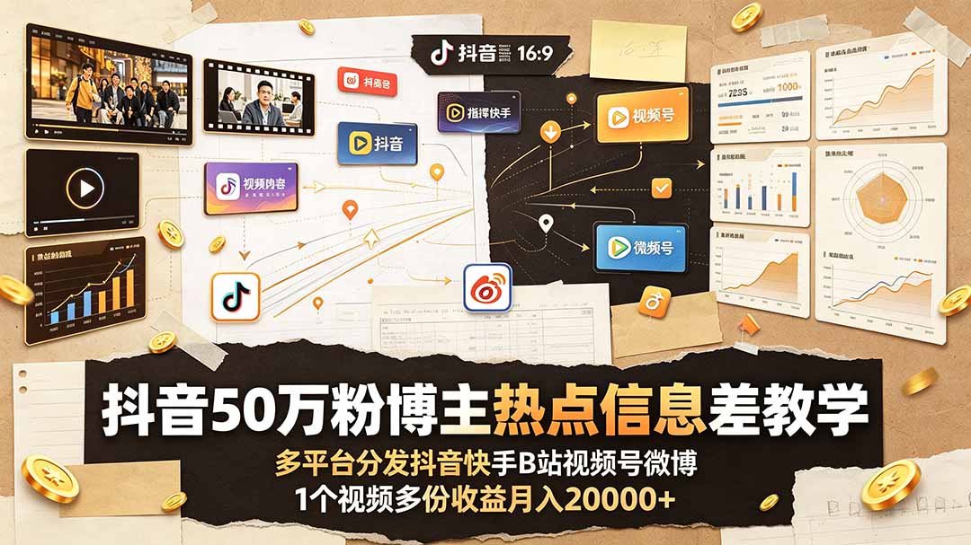 （19145期）抖音50万粉博主热点信息差教学：多平台分发抖音快手B站视频号微博，1个视频多份收益月入20000+|无忧资源社