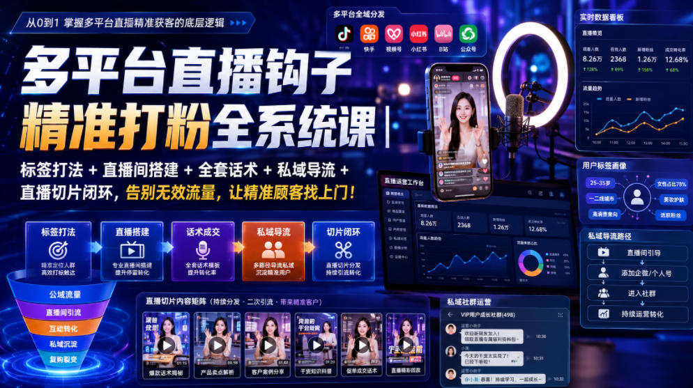 多平台直播钩子精准打粉全系统课｜标签打法+直播间搭建+全套话术+私域导流+直播切片闭环，告别无效流量，让精准顾客找上门！|无忧资源社