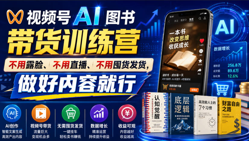 视频号AI图书带货训练营，不用露脸、不用直播、不用囤货发货，做好内容就行，一条爆款视频佣金8942|无忧资源社