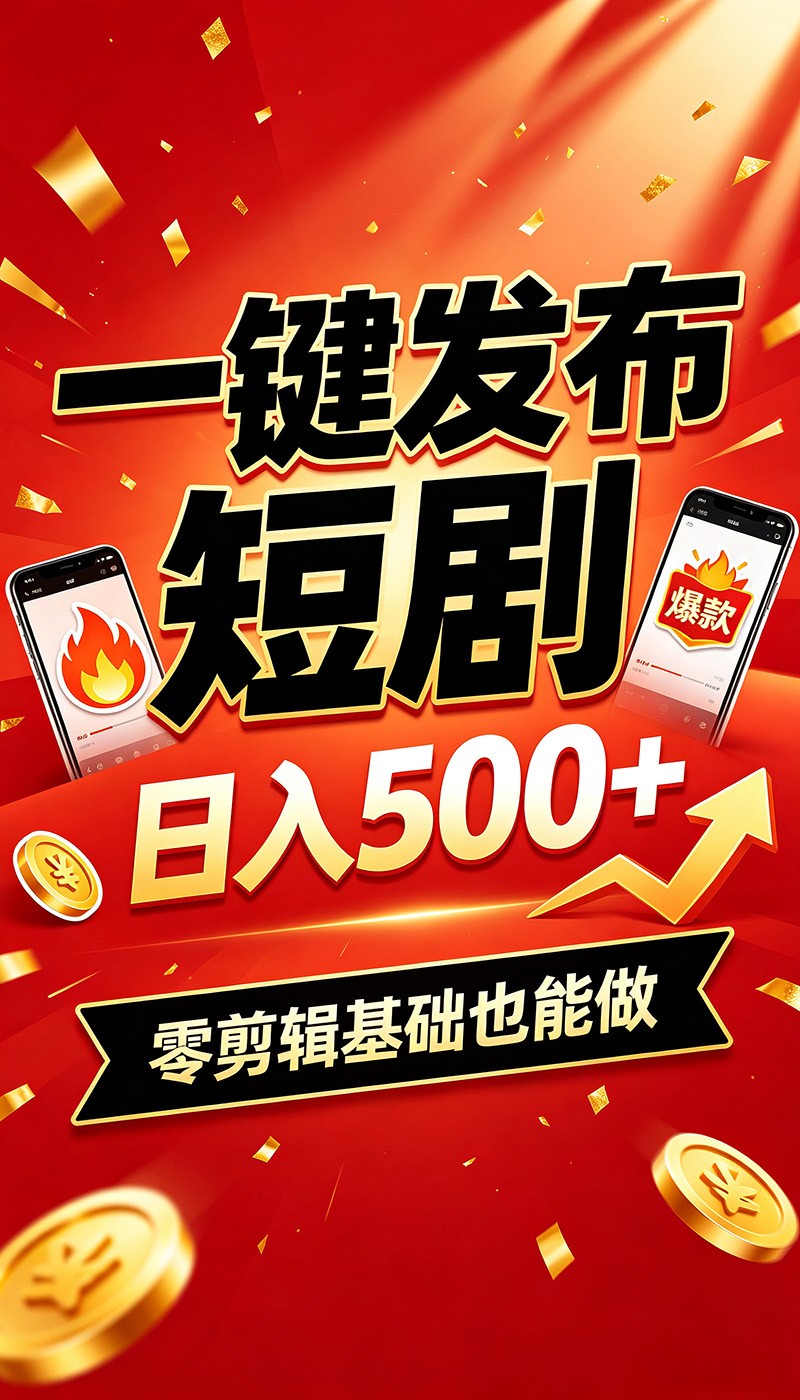 快手短剧一键发布，不用剪辑操作简单，副业日入500+。空闲时间轻松赚收益|无忧资源社
